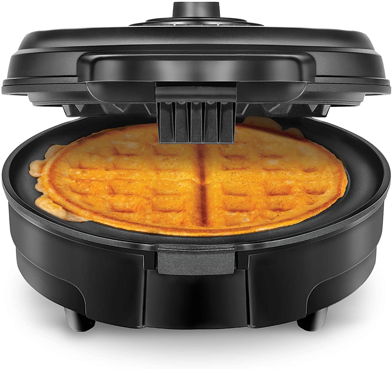 Waffle maker open to reveal cooked waffle inside