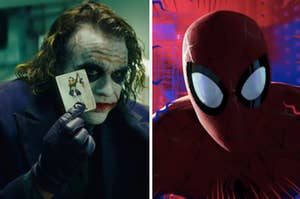 The Joker holds a playing card up to his face and Spider-Man's spider senses can be seen animated around his head.