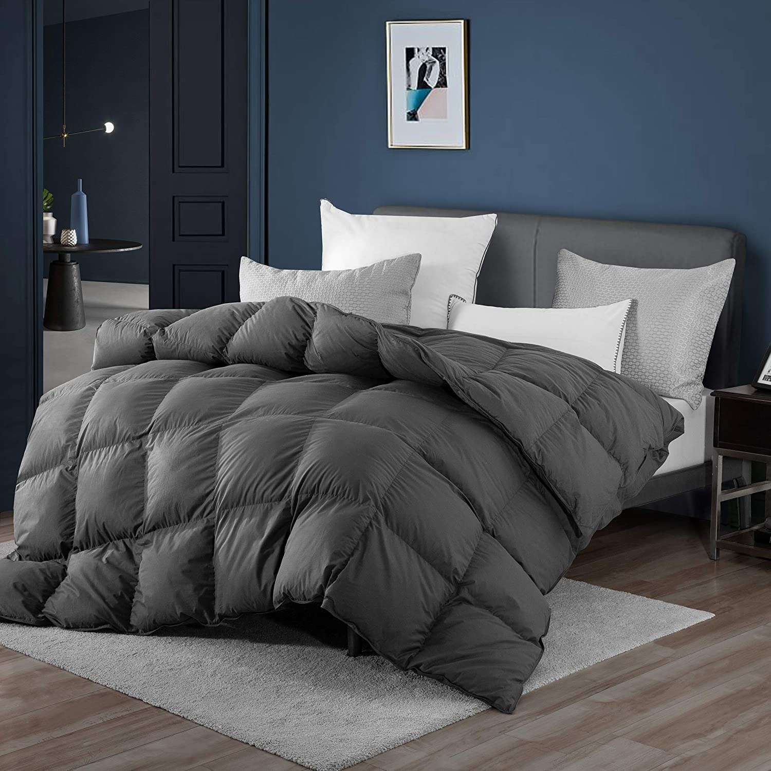 Gray duvet spread over bed