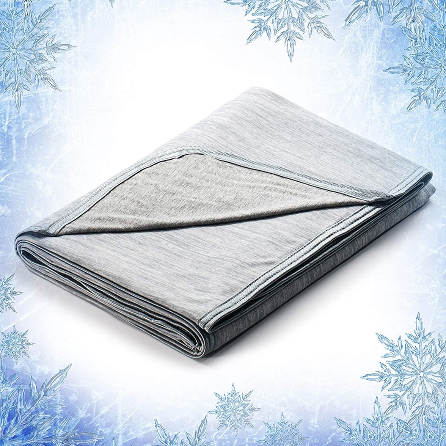 Gray cooling blanket on ice-themed background