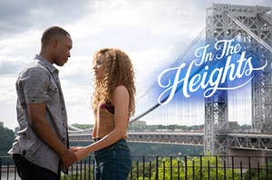 a couple from the musical holding hands in front of the george washington bridge