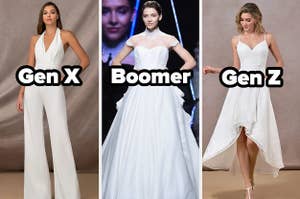 Three wedding looks labeled "Gen X," "Boomer," and "Gen Z"