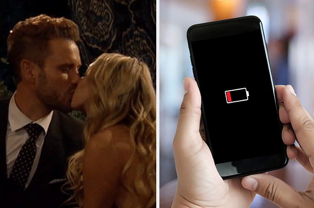 nick and corinne from the bachelor kissing on the left and a phone with no battery on the right