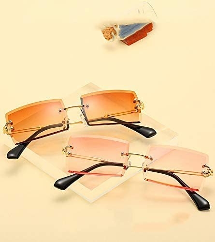 the sunglasses with square frames and pink and orange lenses 