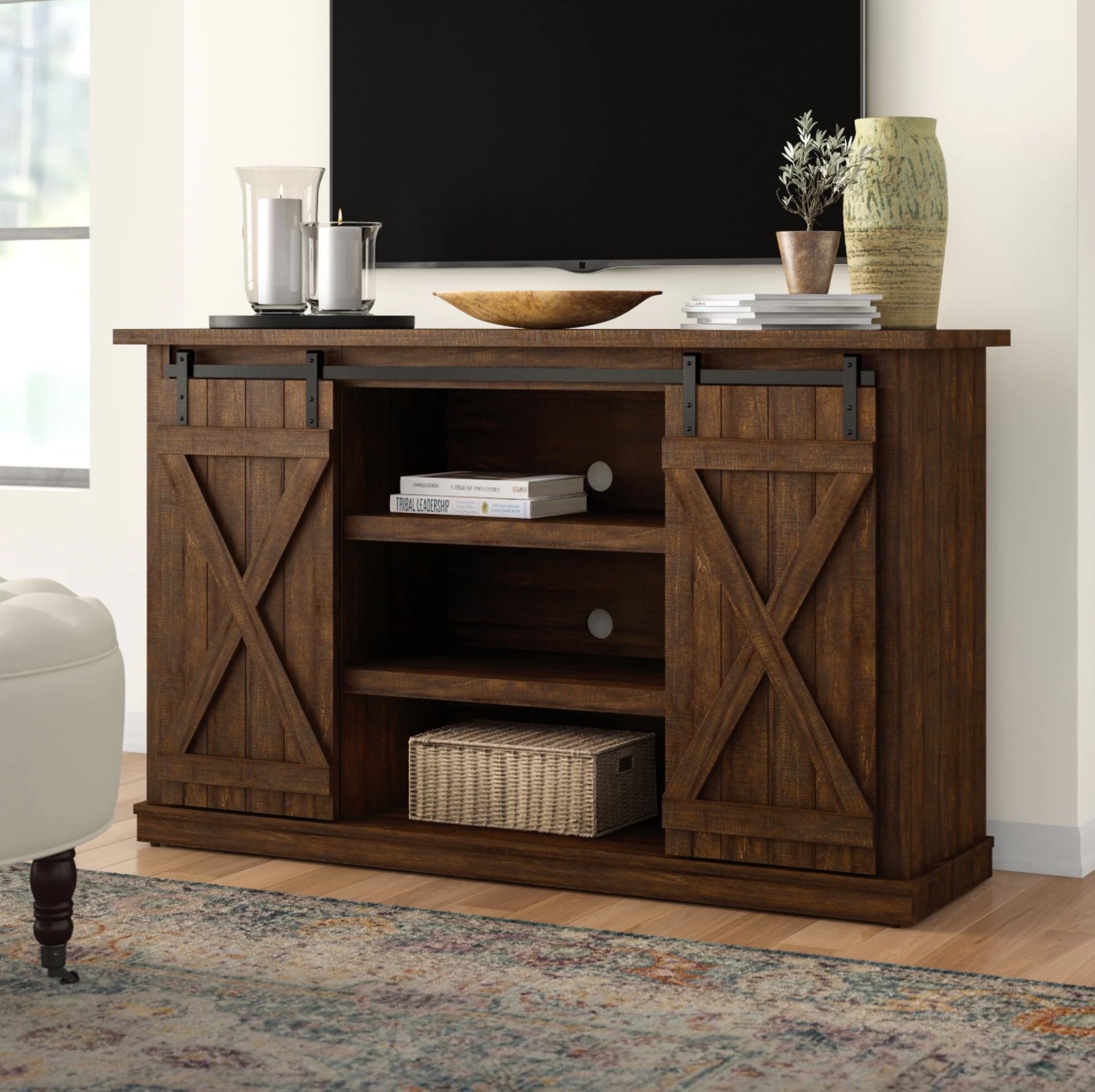 the TV stand in brown espresso wood