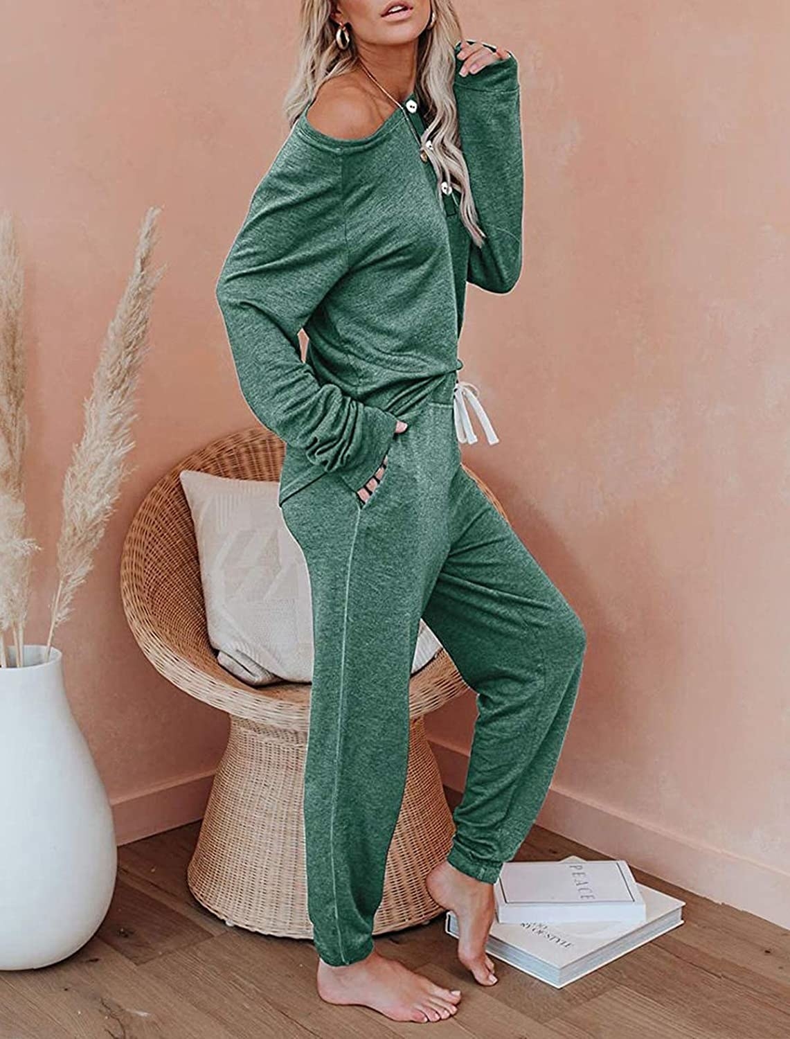 a model wearing the green loungewear set
