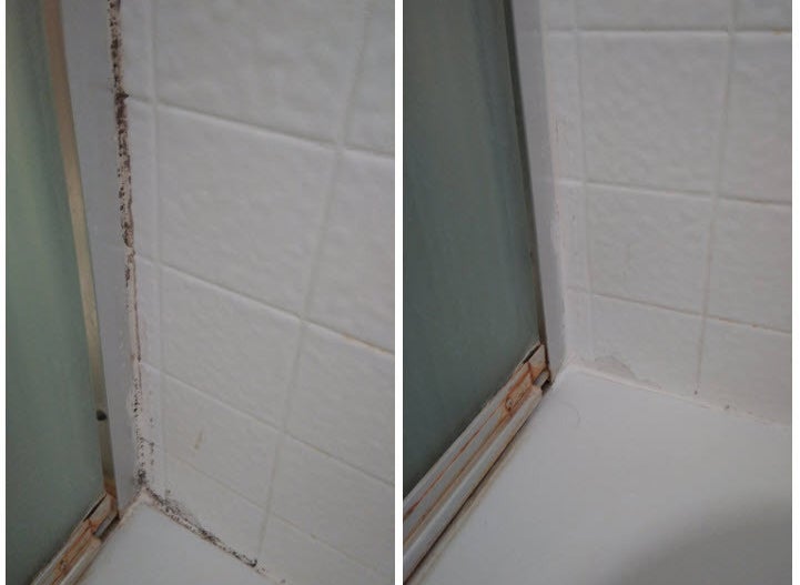 a split reviewer before and after image of the grout looking dirty on the left, and clean on the right 