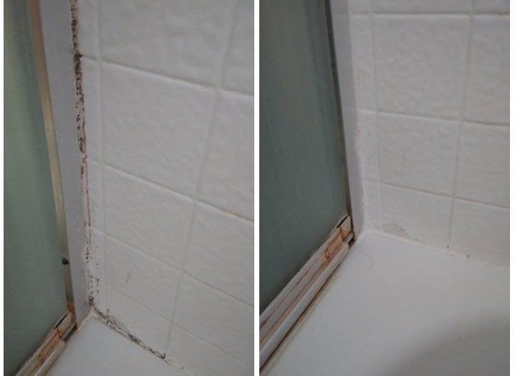 a split reviewer before and after image of the grout looking dirty on the left, and clean on the right 