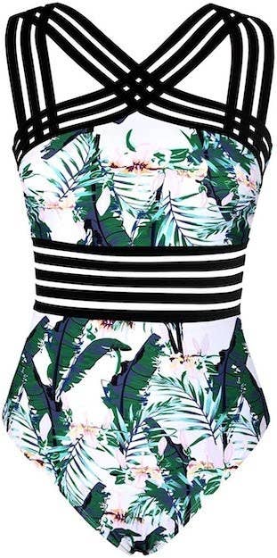 the swimsuit in a green and pink leaf pattern