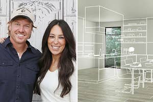 chip and joanna gaines on the left and an empty room with a drawing of furniture over it on the right