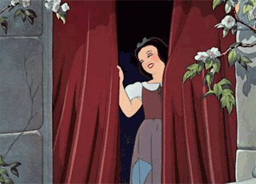Snow White closing a set of curtains