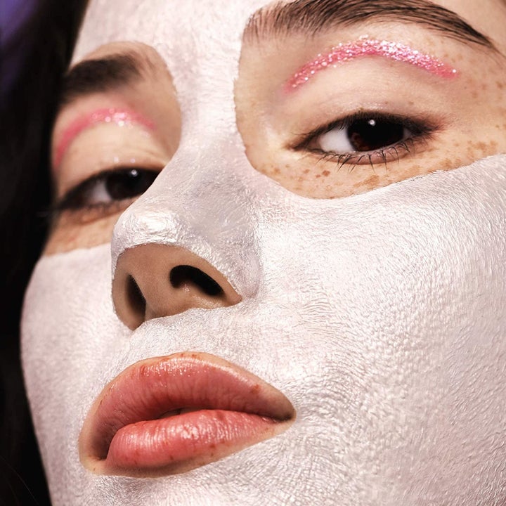 closeup of model wearing the mask