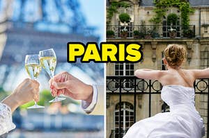 A couple is on the left holding champagne with a woman in a wedding gown looking over the bannister "PARIS"