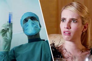 Emma Roberts cringing as an evil surgeon prepares for torture 