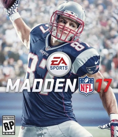 Rob Gronkowski spiking football in New England Patriots uniform
