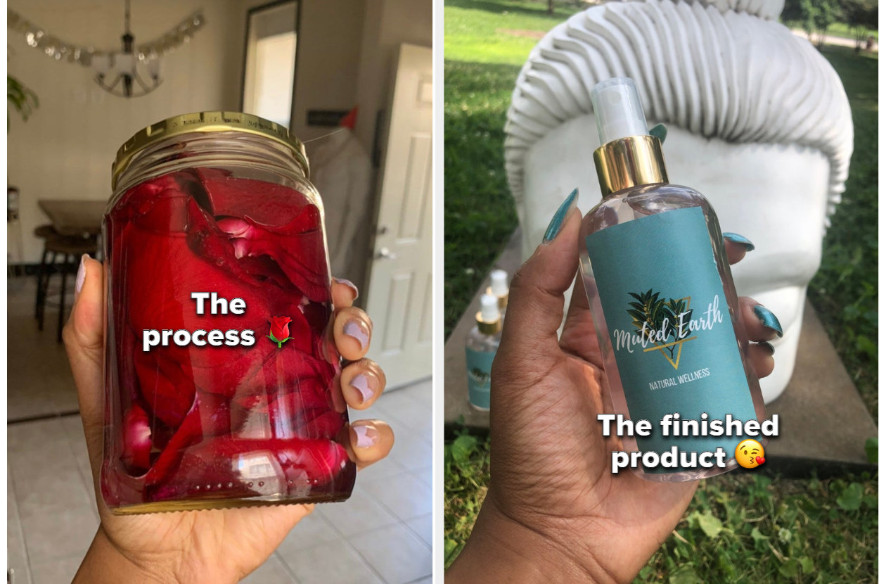 left side shows the owner&#x27;s hand holding a jar of rose petals marinating in water and the left shows the finished rosewater in a branded Muted Earth bottle with a spray top