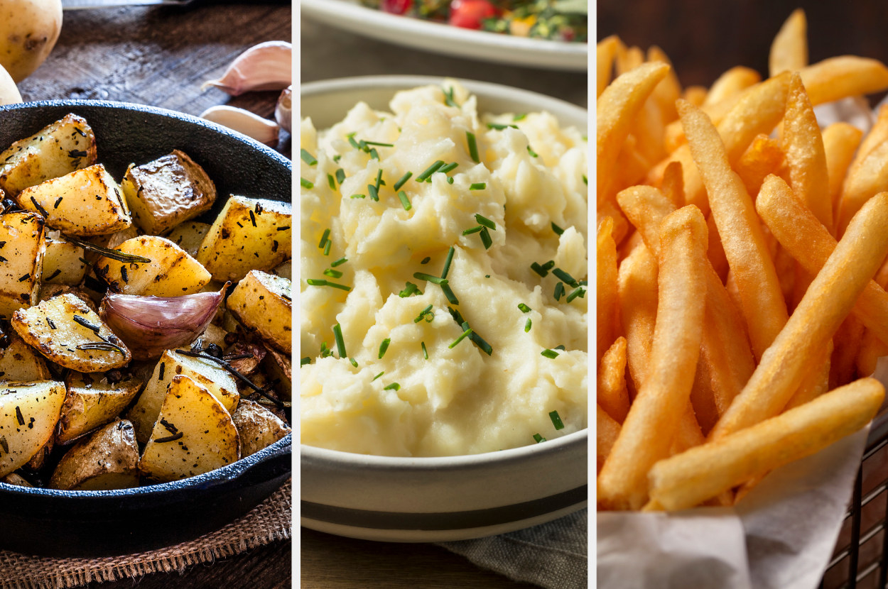 A side by side photo of roasted potatoes, mashed potatoes, and french fries 