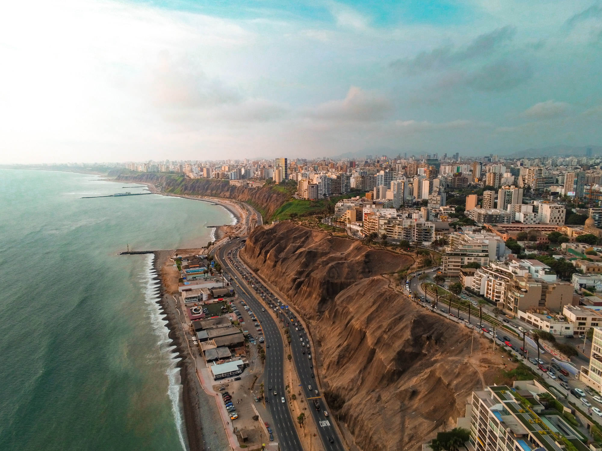 Skyscrapers and roads along the coastline in Lima, Peru.