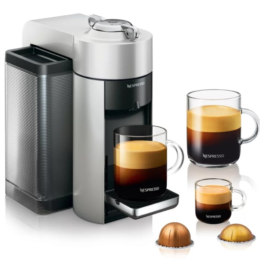 A silver/black Nespresso Vertuo Coffee and Espresso Machine with an auto-shut off