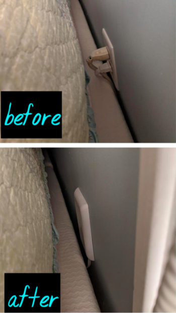 A customer review before and after photo of their cords neatly fitting in a tight spot thanks to the power strip