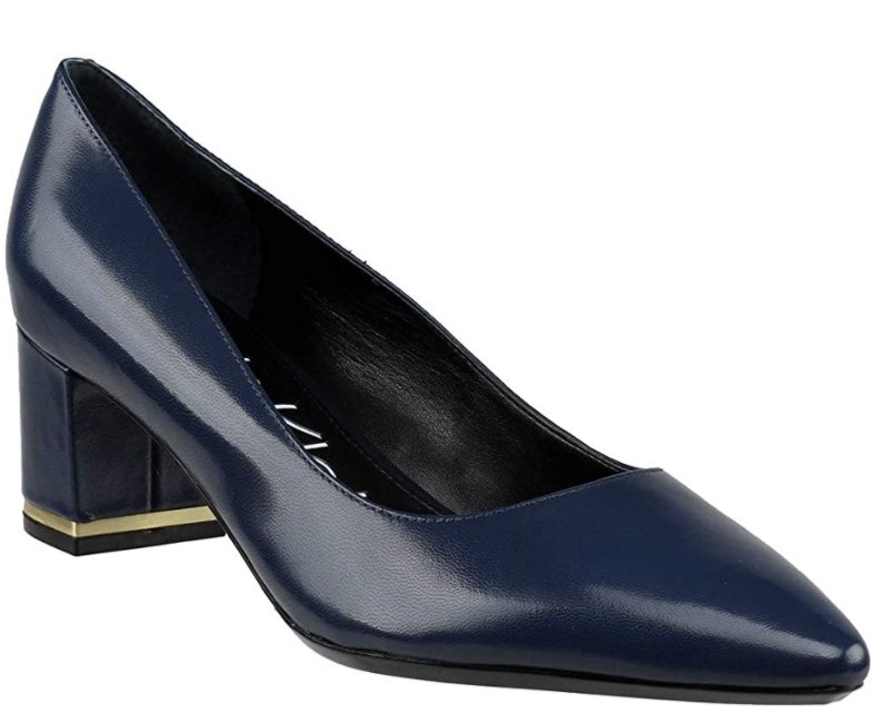The navy blue heels say &quot;Calvin Klein&quot; on the insole and have a small ring of gold on the heel
