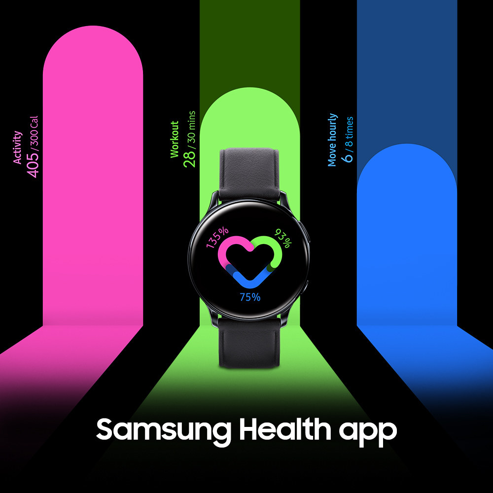the samsung galaxy watch with metrics for activity, workout time, and hourly movements