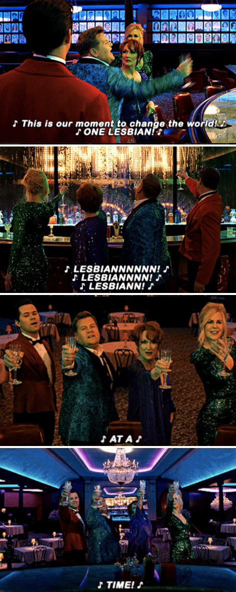Dee Dee, Barry, Angie, and Trent singing: "This is our moment to change the world! One lesbian at a time!"