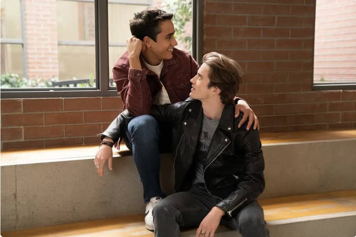 Victor and Benji embrace on set of "Love, Victor"