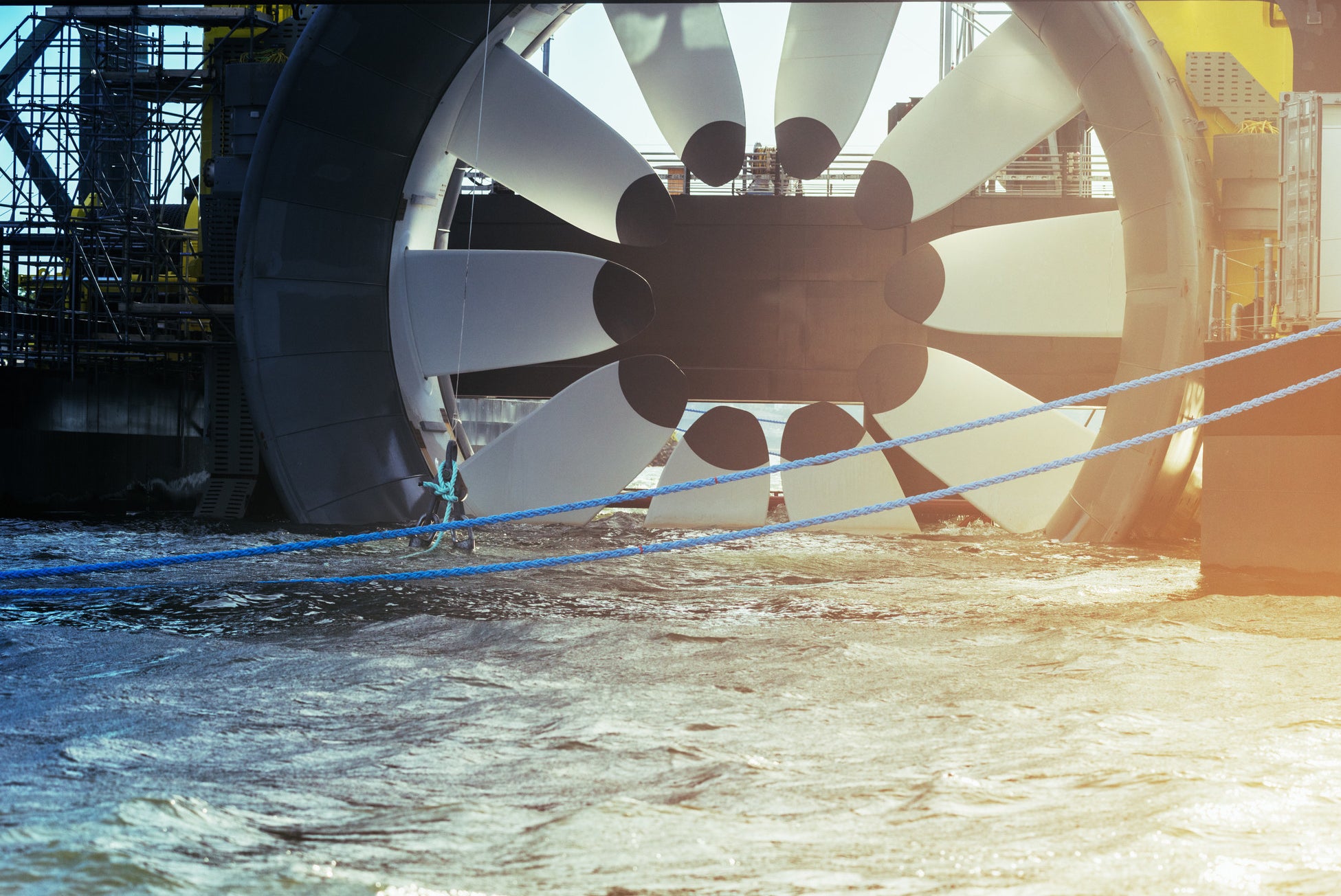 A hydroelectric turbine in the water
