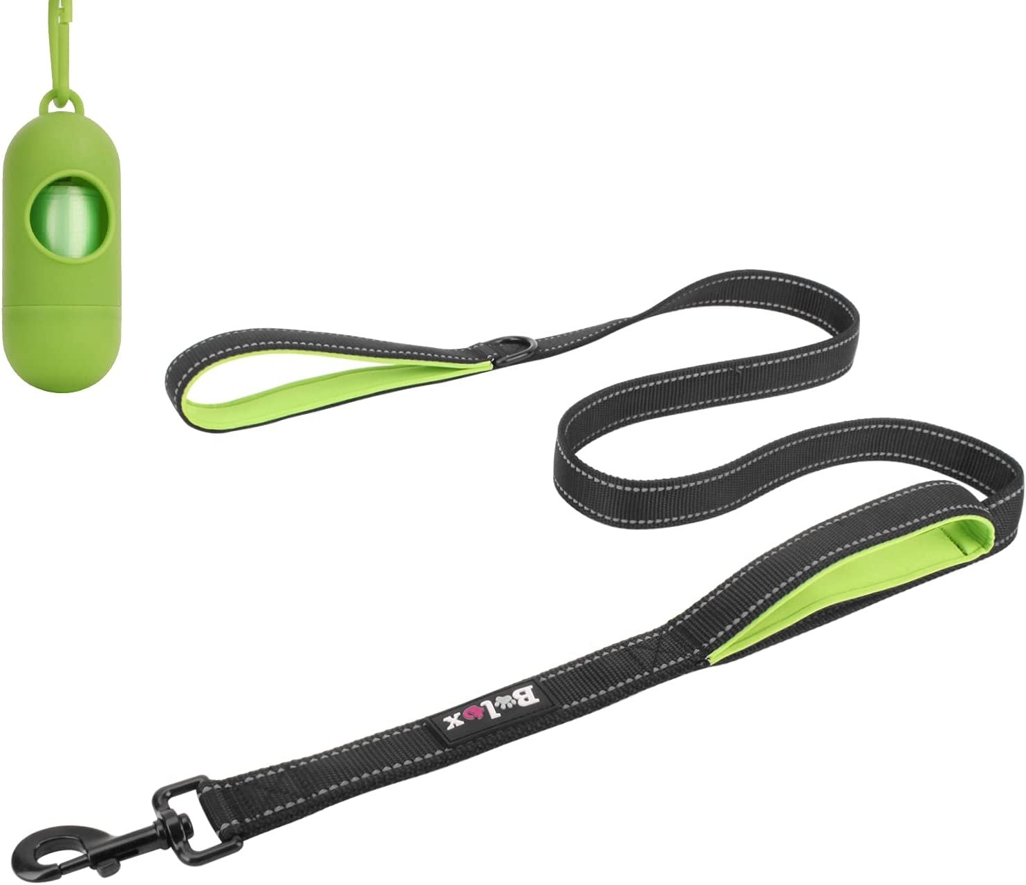 Green and black leash on white background