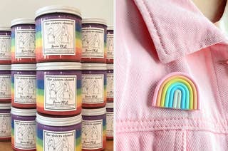 on left, rainbow-filled soy scented candles. on right, rainbow-shaped pin on pink denim jacket