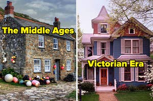 Two houses labeled "The Middle Ages" and "Victorian Era"