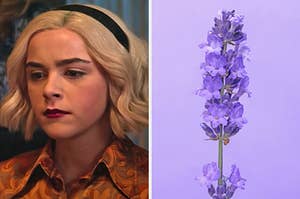 On the left, Kiernan Shipka as Sabrina in "Chilling Adventures of Sabrina," and on the right, some lavender