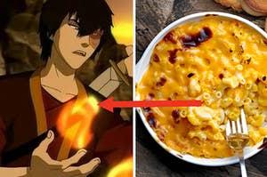 Zuko, a fire bender, holds a ball of fire in his hand and a baking tray of macaroni and cheese with a fork in it.