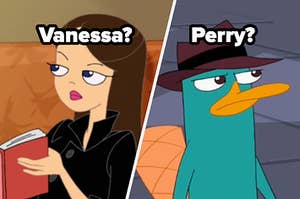 Vanessa lays back on a couch with an open book in her hands and Perry the platypus looks angry while wearing a fedora.