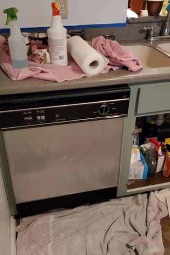 a reviewer photo of the same dishwasher with the brushed nickel-finished wallpaper applied 