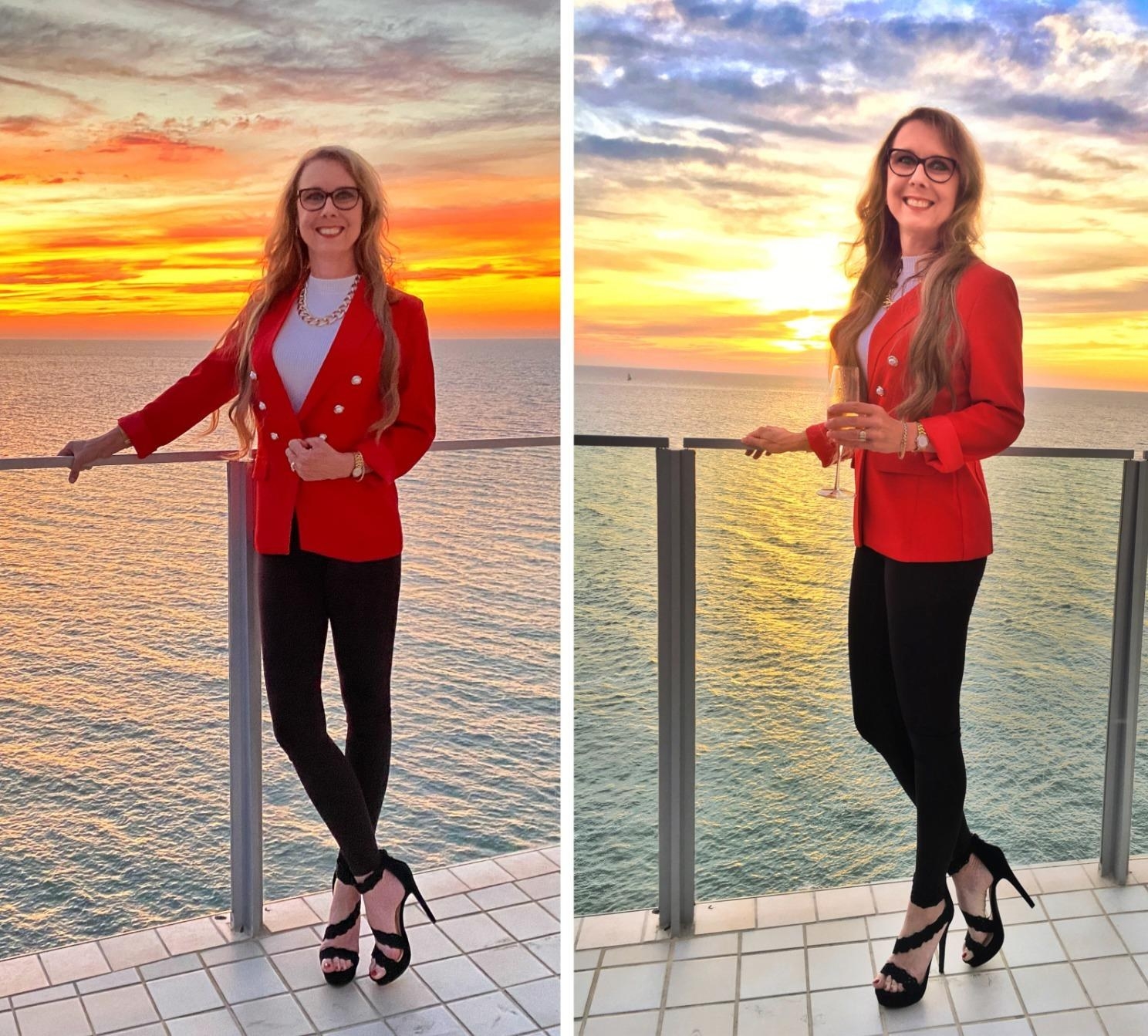There are two photos of the reviewer wearing the heels and standing outside during the sunset