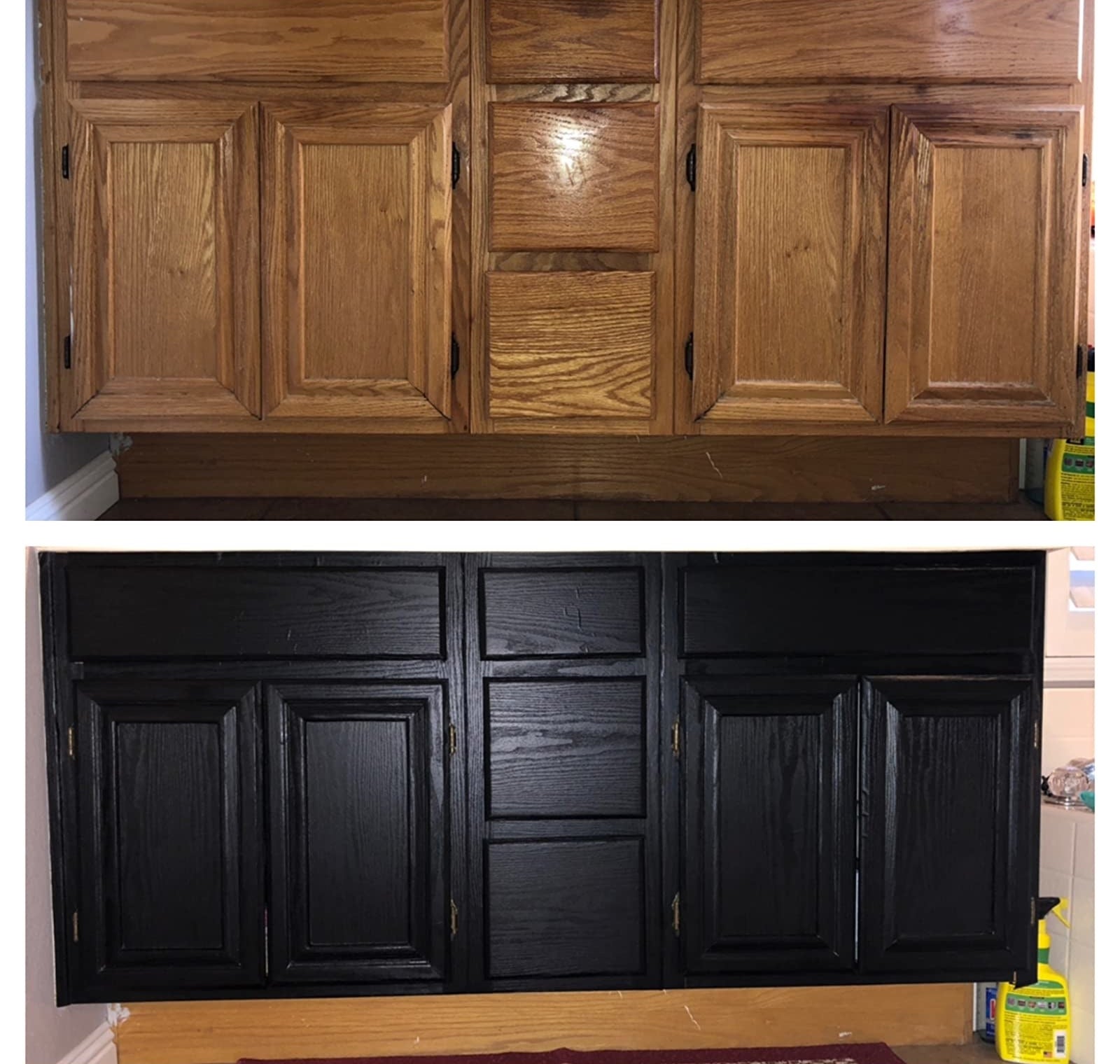  a reviewer image of brown cabinets at the top, and the same cabinets with the black paper applied on the bottom 