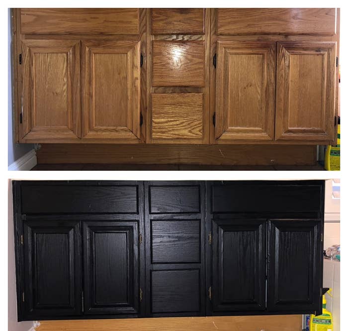  a reviewer image of brown cabinets at the top, and the same cabinets with the black paper applied on the bottom 