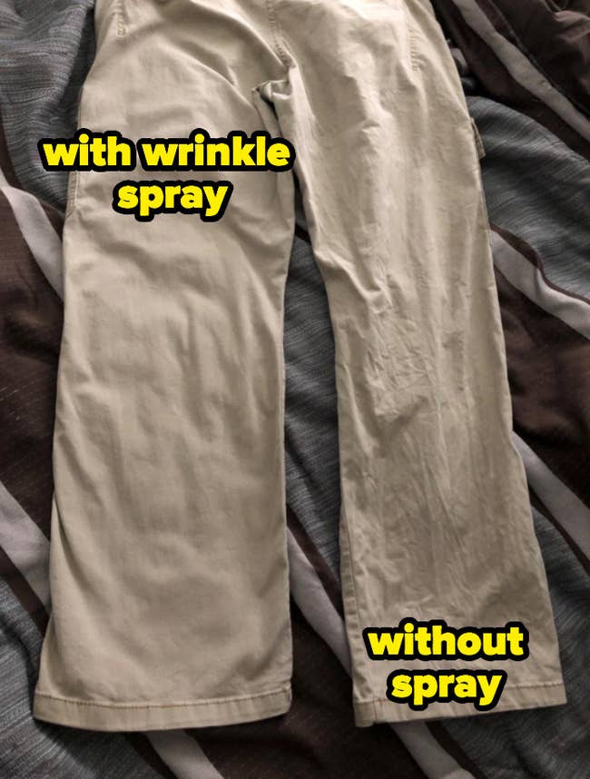 reviewer's pants with one side less wrinkly because of the spray, and the other side super wrinkly