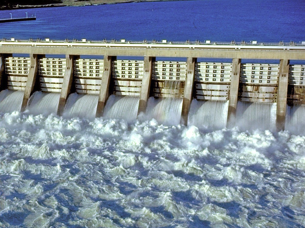 Hydroelectric dam in a rippling river.