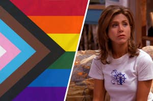 The LGBTQ+ official Pride flag and Rachel Green sits on the couch in Monica's apartment while wearing a blank look on her face.
