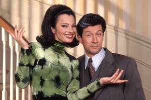 Fran Drescher and Charles Shaughnessy pose on "The Nanny" set 