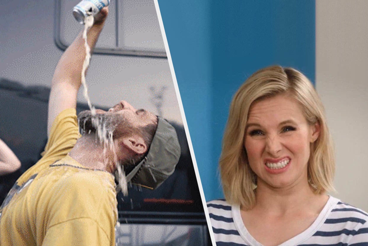 Eleanor from the good place cringing at a frat bro chugging a beer