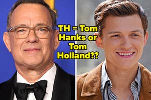Tom Hanks wears a black suit with a black bow tie and Tom Holland wears a brown suede jacket over a blue and white striped shirt.