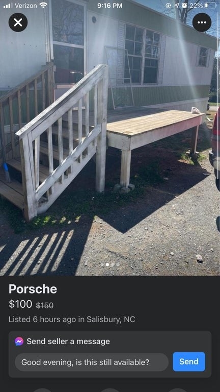 Marketplace ad reading, &quot;Porsche,&quot; for a porch