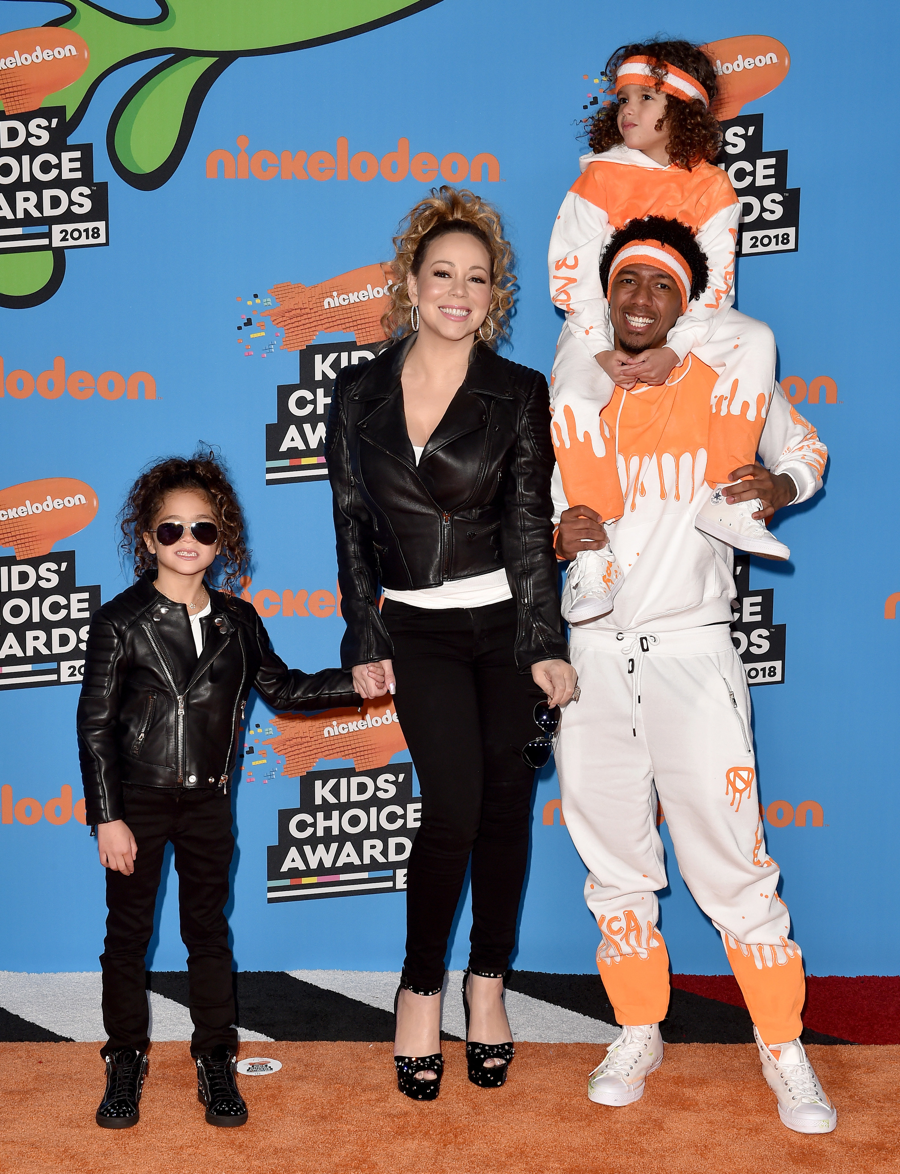 Singer Mariah Carey, Nick Cannon, daughter Monroe Cannon, and son Moroccan Cannon attend Nickelodeon&#x27;s 2018 Kids&#x27; Choice Awards at The Forum on March 24, 2018, in Inglewood, California