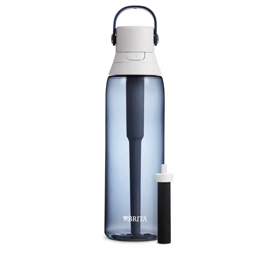 Blue filtered water bottle with white cap