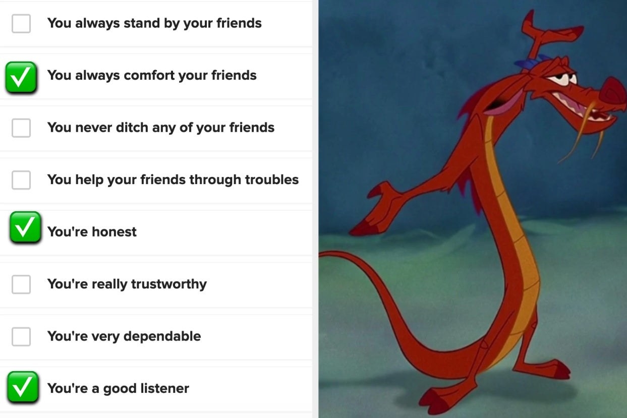 A checklist is on the left with Mushu holding his hands out 