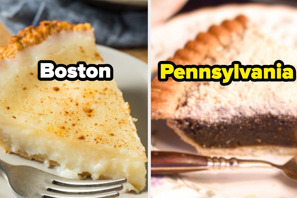 Sugar pie is on the left labeled, &quot;Boston&quot; with chocolate pie labeled, &quot;Pennsylvania&quot; 